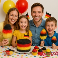 Deutsche Einheit Zucker von Suvara – Familie feiert mit Torte, Cupcakes und Zuckerwatte in Schwarz-Rot-Gold