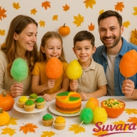 Erntedankfest Zucker von Suvara – Familie feiert mit Kürbiskuchen, Cupcakes und Zuckerwatte in Orange, Gelb, Braun und Grün
