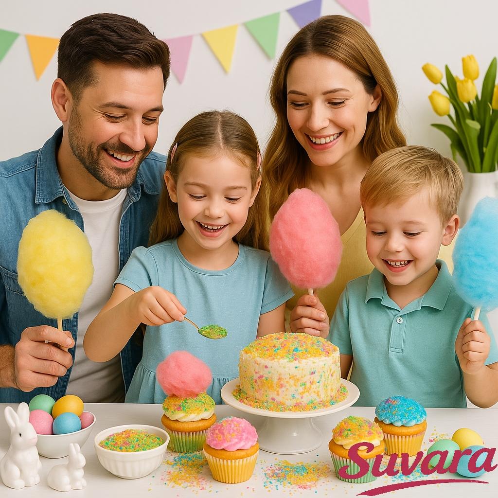 Ostern Zucker von Suvara – Familie dekoriert Torte und Cupcakes mit buntem Zucker in Pastellfarben für das Osterfest