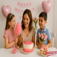 Muttertag Zucker von Suvara – Kinder überraschen ihre Mama mit Kuchen, Cupcakes und rosa Zuckerwatte in Herzform