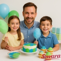 Vatertag Zucker von Suvara – Vater feiert mit Kindern, Torte, Cupcakes und Zuckerwatte in Blau und Grün