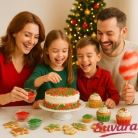 Weihnachten Zucker von Suvara – Familie dekoriert Torte, Cupcakes und Plätzchen mit rotem, grünem und goldenem Zucker