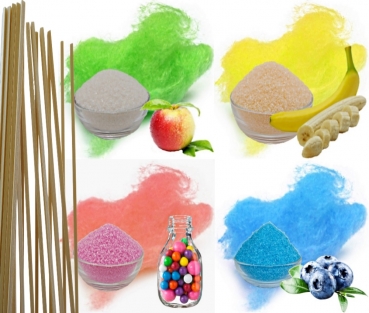 Aromazucker Apfel Banane Bubble Gum Heidelbeere für Zuckerwatte + Zuckerwattestäbe