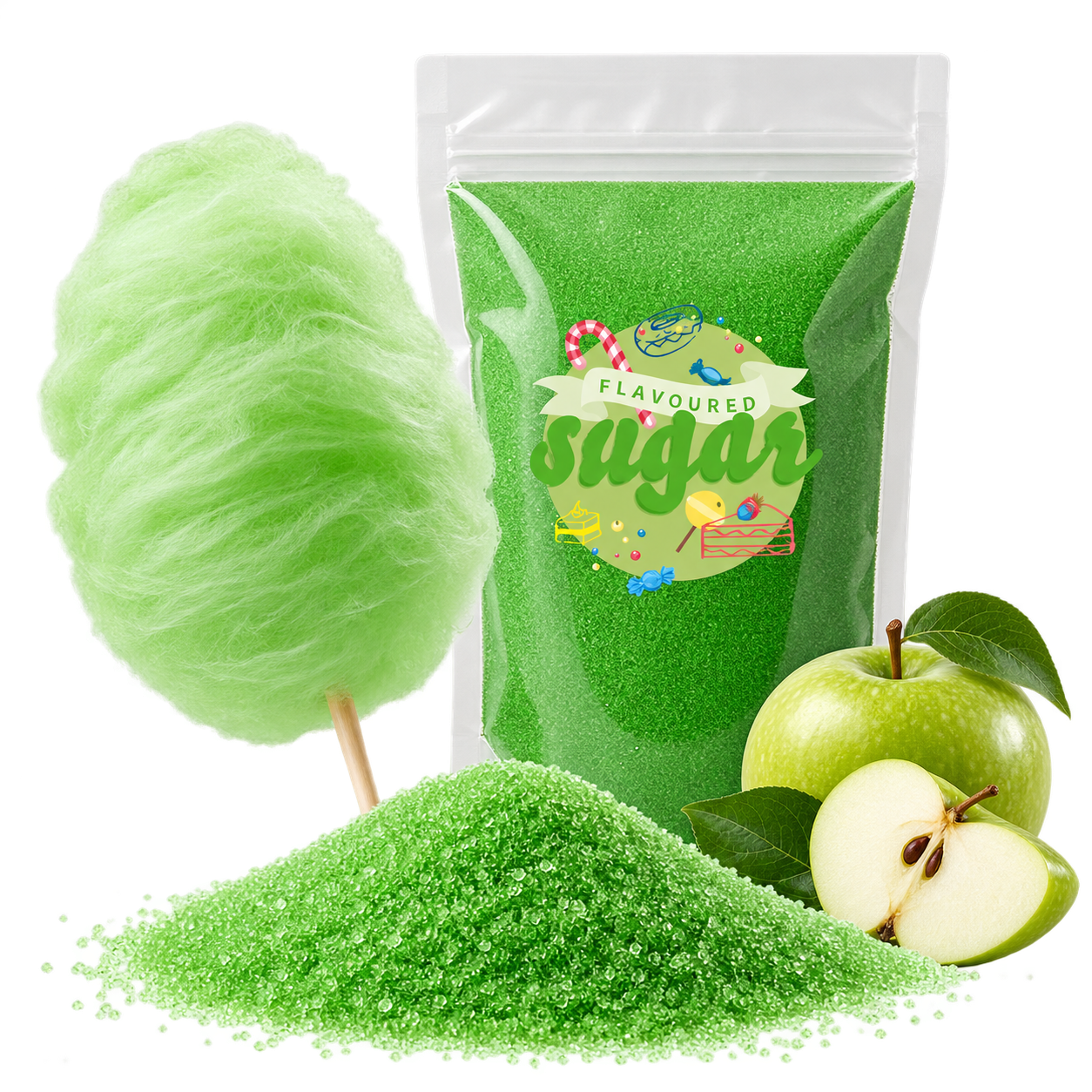 Aromazucker Zuckerwatte Zucker Apfel Geschmack Grün 250 g