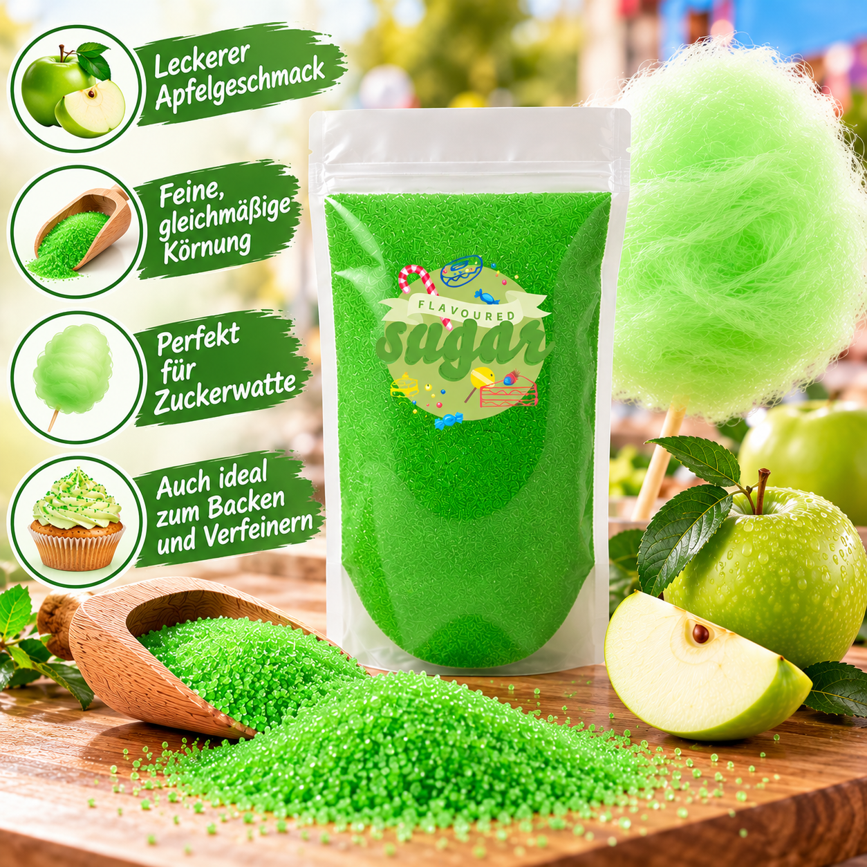 Aromazucker Zuckerwatte Zucker Apfel Geschmack Grün 250 g