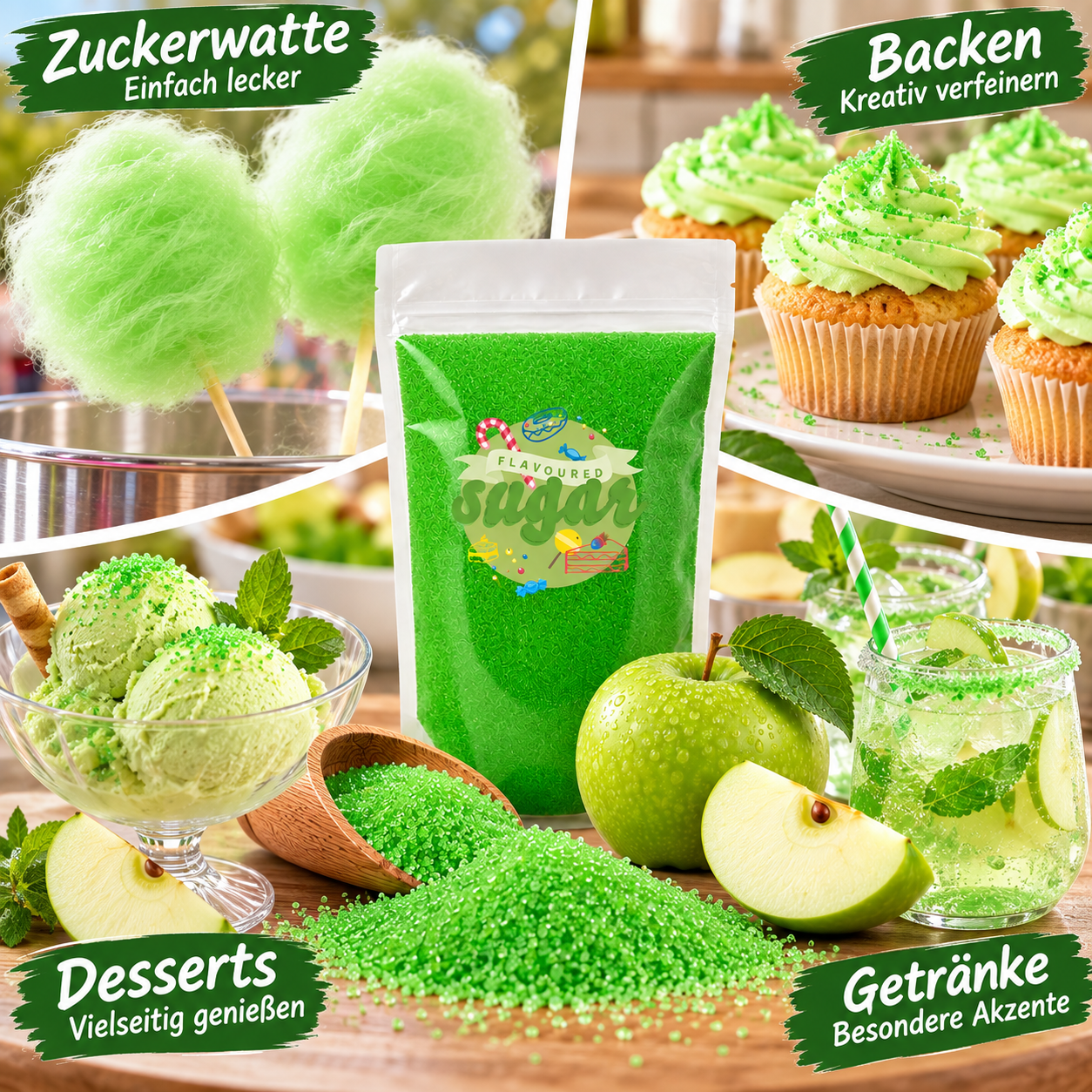 Aromazucker Zuckerwatte Zucker Apfel Geschmack Grün 250 g